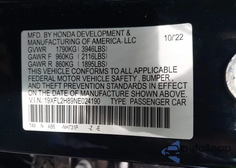 2022 Honda Civic Sport from USA, damaged, VIN 19XFL2H89NE024190